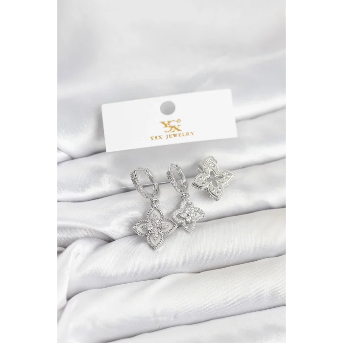 BUĞZ Pirinç Gümüş Renk Yonca Model YSX Trio Küpe Seti