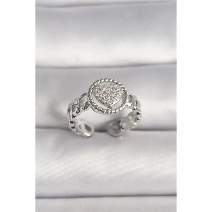 BUĞZ Pirinç Gümüş Renk Zincir Model Zirkon Taşlı Kalp Model Kadın Yüzük