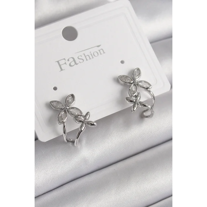 BUĞZ Pirinç Gümüş Renk Zirkon Taşlı 2Li Çiçek Model Kadın Küpe