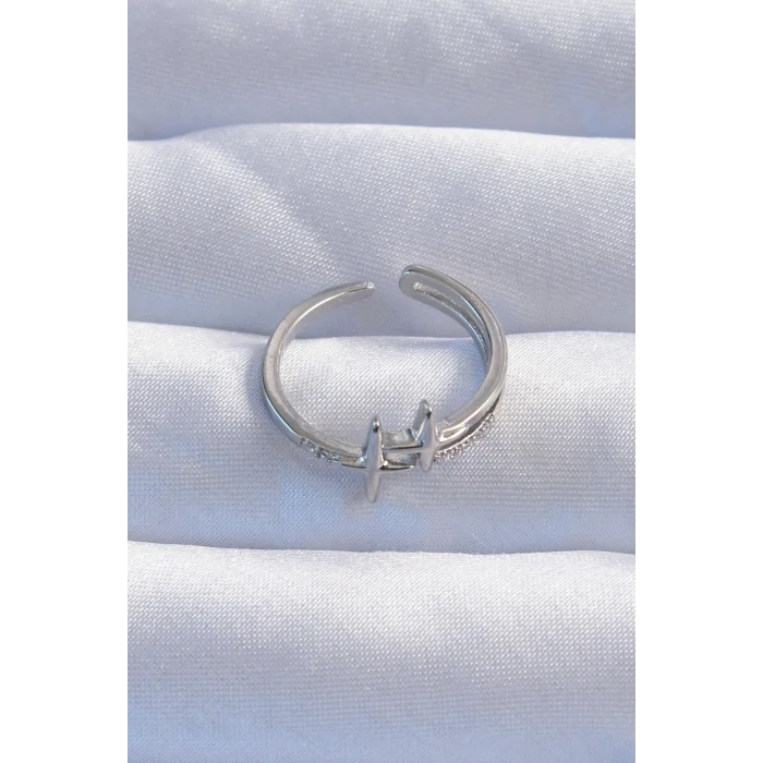 BUĞZ Pirinç Gümüş Renk Zirkon Taşlı 2li Görünüm Ayarlanabilir Yıldız Model Yüzük - Lisinya