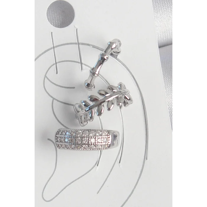 BUĞZ Pirinç Gümüş Renk Zirkon Taşlı 3Lü Model Yaprak Figür Kadın Kıkırdak Küpe