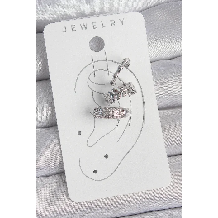 BUĞZ Pirinç Gümüş Renk Zirkon Taşlı 3Lü Model Yaprak Figür Kadın Kıkırdak Küpe - Lisinya