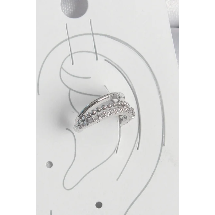 BUĞZ Pirinç Gümüş Renk Zirkon Taşlı 3Lü Sıralı Kadın Kıkırdak Küpe