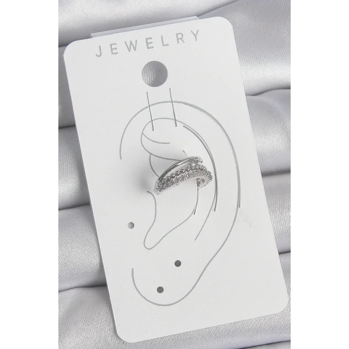 BUĞZ Pirinç Gümüş Renk Zirkon Taşlı 3Lü Sıralı Kadın Kıkırdak Küpe