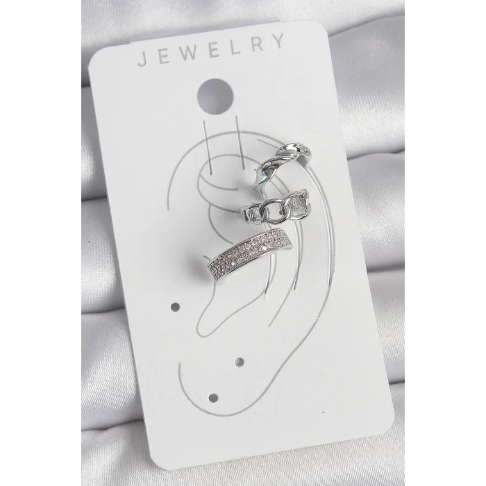 BUĞZ Pirinç Gümüş Renk Zirkon Taşlı 3Lü Zincir Sarmal Model Kadın Kıkırdak Küpe