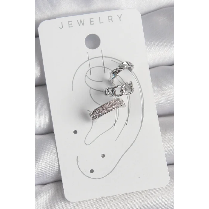 BUĞZ Pirinç Gümüş Renk Zirkon Taşlı 3Lü Zincir Sarmal Model Kadın Kıkırdak Küpe - Lisinya