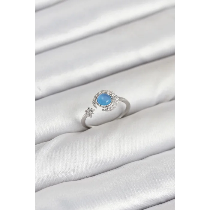 BUĞZ Pirinç Gümüş Renk Zirkon Taşlı Ay Yıldız Kadın Yüzük