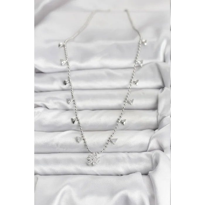 BUĞZ Pirinç Gümüş Renk Zirkon Taşlı Çiçek Model Kadın Kolye - Lisinya