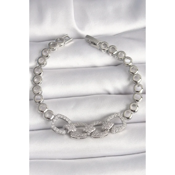 BUĞZ Pirinç Gümüş Renk Zirkon Taşlı Daire Zincir Model Kadın Bileklik