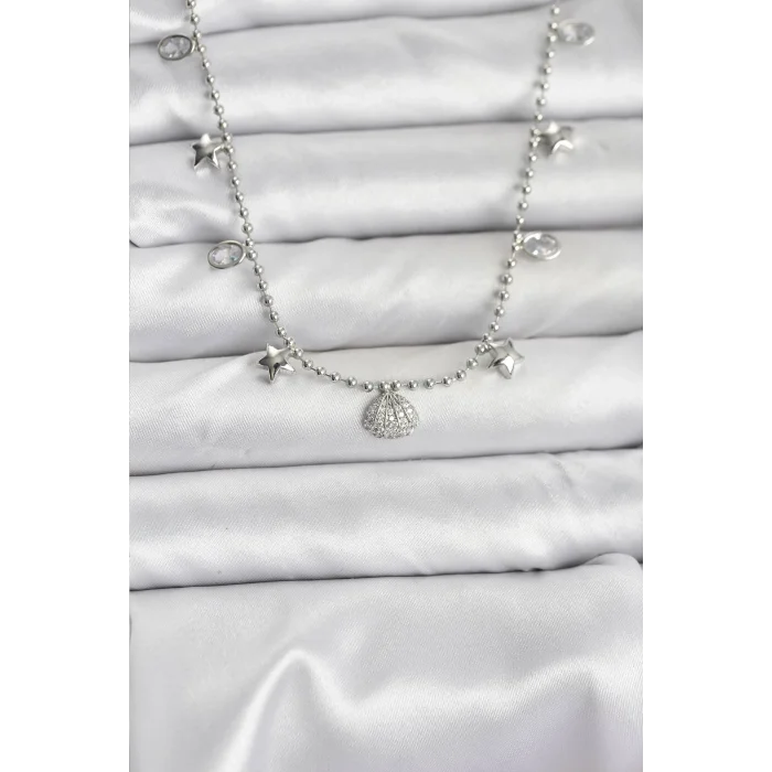 BUĞZ Pirinç Gümüş Renk Zirkon Taşlı Deniz Kabuğu Model Kadın Kolye