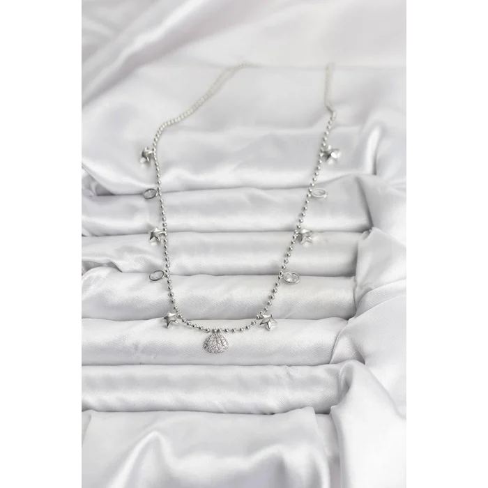 BUĞZ Pirinç Gümüş Renk Zirkon Taşlı Deniz Kabuğu Model Kadın Kolye