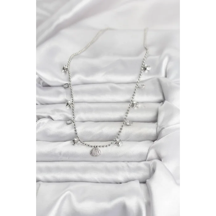 BUĞZ Pirinç Gümüş Renk Zirkon Taşlı Deniz Kabuğu Model Kadın Kolye - Lisinya