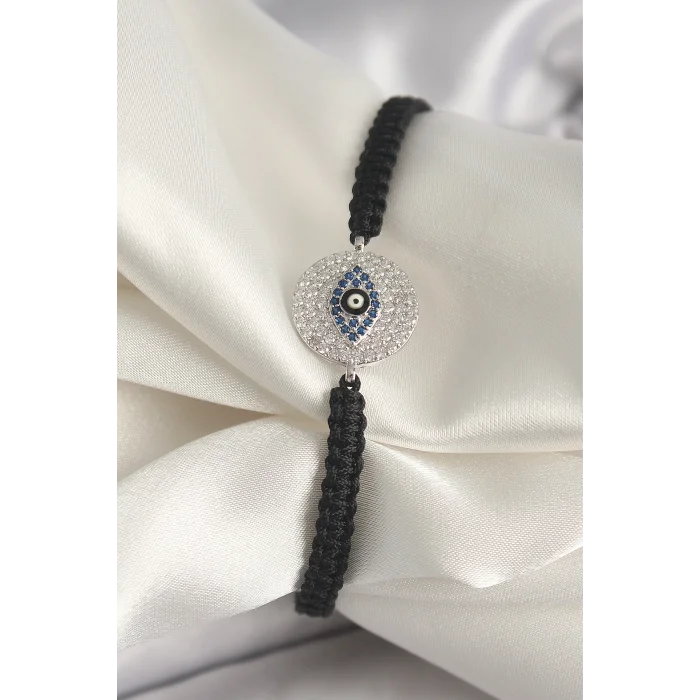 BUĞZ Pirinç Gümüş Renk Zirkon Taşlı Göz İşlemeli Figür Asansörlü Makrome Model Kadın Bileklik