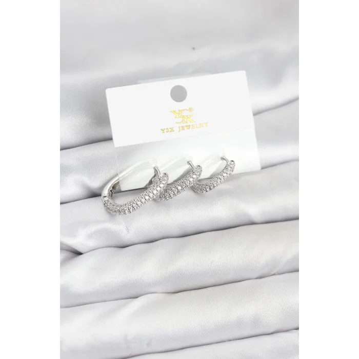 BUĞZ Pirinç Gümüş Renk Zirkon Taşlı Halka Model YSX Trio Küpe Seti