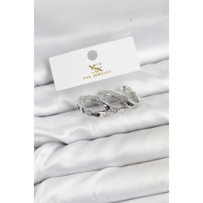 BUĞZ Pirinç Gümüş Renk Zirkon Taşlı Halka Yılan Model YSX Trio Küpe Seti