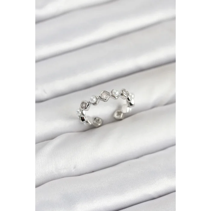 BUĞZ Pirinç Gümüş Renk Zirkon Taşlı İncili Kadın Yüzük