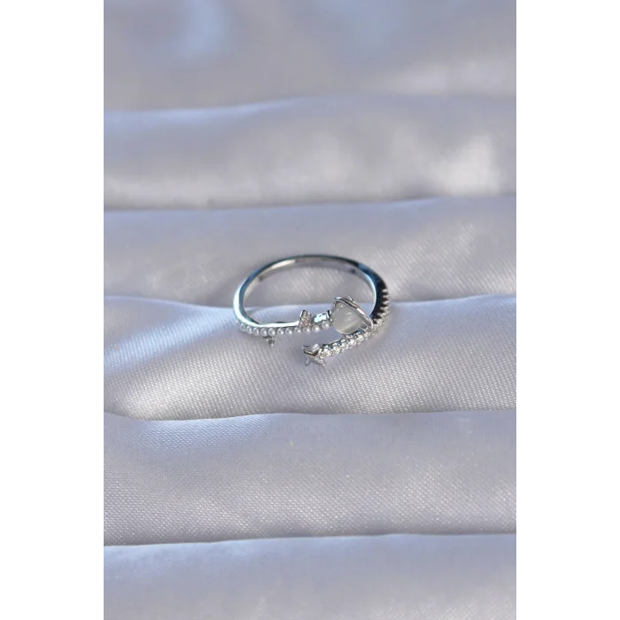 BUĞZ Pirinç Gümüş Renk Zirkon Taşlı İncili Satürn Model Ayarlanabilir Yüzük - Lisinya