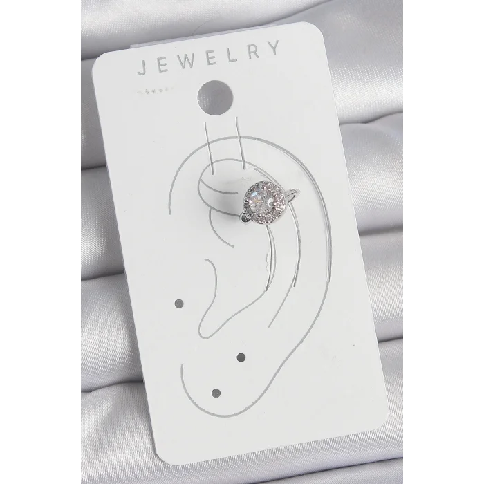 BUĞZ Pirinç Gümüş Renk Zirkon Taşlı Kadın Kıkırdak Model Küpe