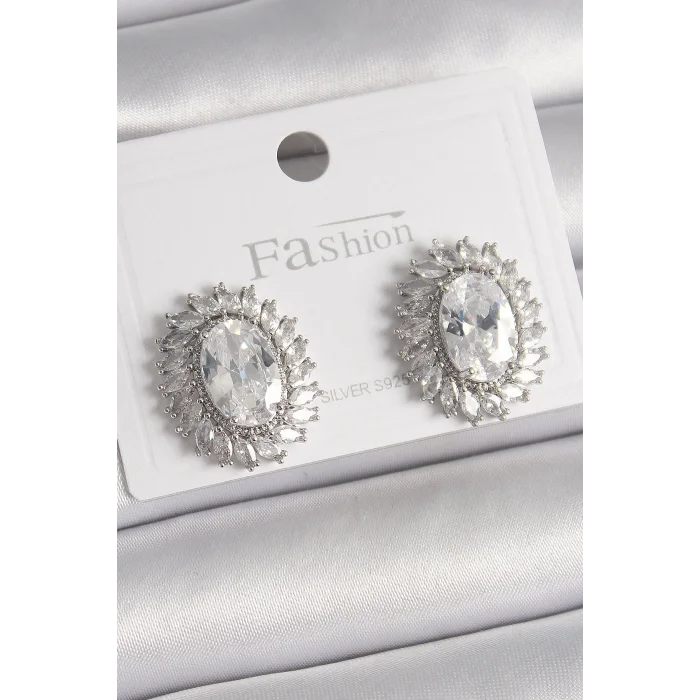 BUĞZ Pirinç Gümüş Renk Zirkon Taşlı Kadın Küpe