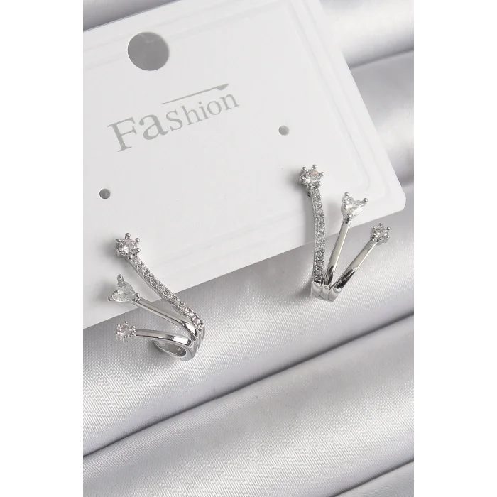 BUĞZ Pirinç Gümüş Renk Zirkon Taşlı Kadın Küpe