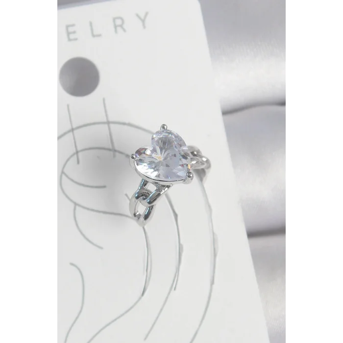 BUĞZ Pirinç Gümüş Renk Zirkon Taşlı Kalp Model Kadın Kıkırdak Küpe