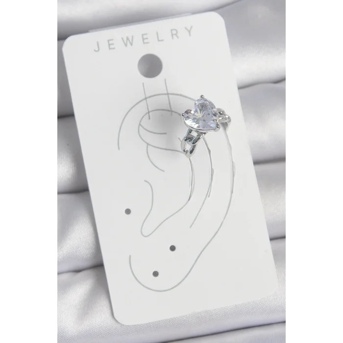 BUĞZ Pirinç Gümüş Renk Zirkon Taşlı Kalp Model Kadın Kıkırdak Küpe