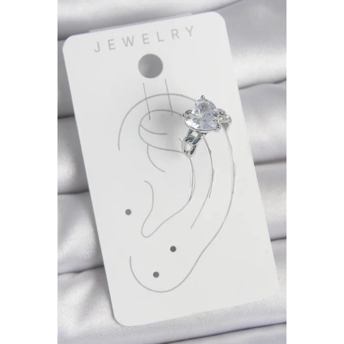 BUĞZ Pirinç Gümüş Renk Zirkon Taşlı Kalp Model Kadın Kıkırdak Küpe - Lisinya