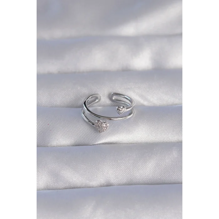 BUĞZ Pirinç Gümüş Renk Zirkon Taşlı Kalpli Model Ayarlanabilir Yüzük - Lisinya