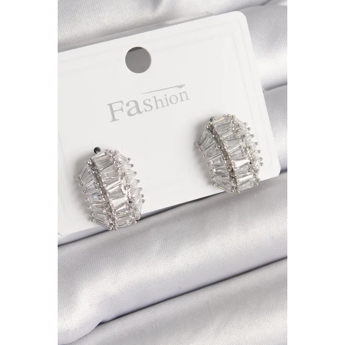 BUĞZ Pirinç Gümüş Renk Zirkon Taşlı Kaplumbağa Kabuğu Model Kadın Küpe