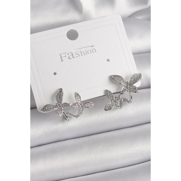 BUĞZ Pirinç Gümüş Renk Zirkon Taşlı Kelebek Model Kadın Küpe