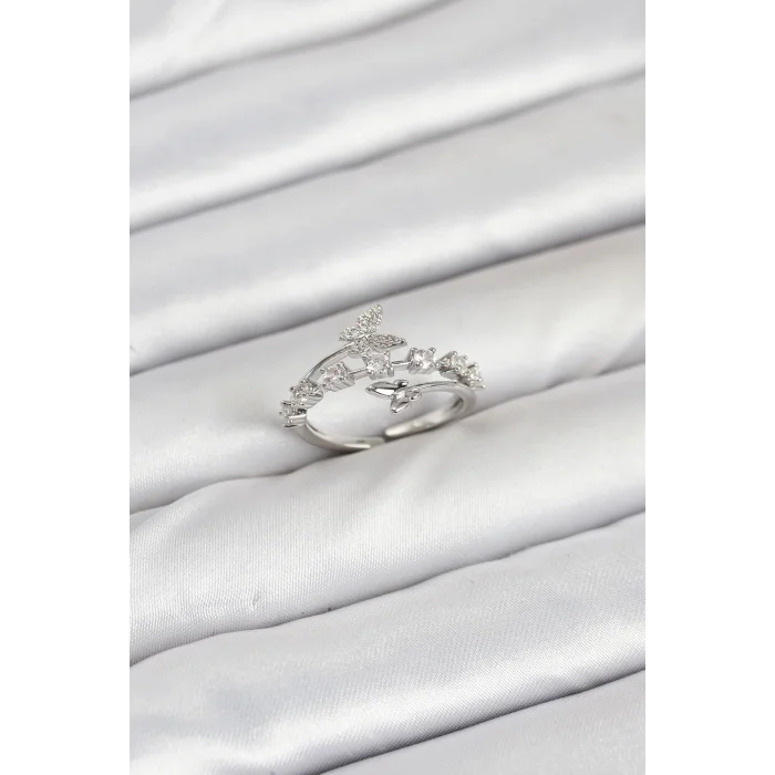 BUĞZ Pirinç Gümüş Renk Zirkon Taşlı Kelebek Model Kadın Yüzük