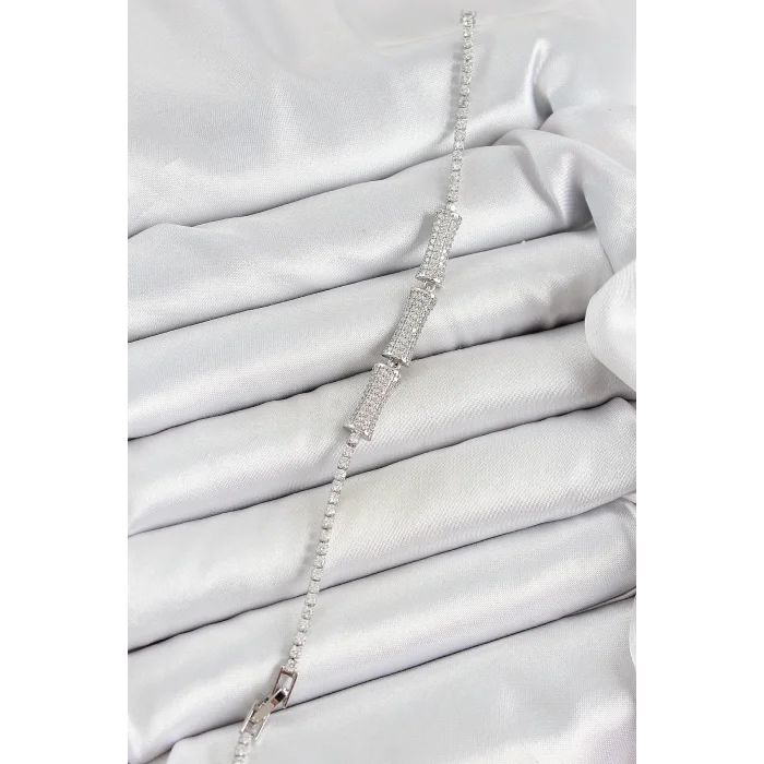 BUĞZ Pirinç Gümüş Renk Zirkon Taşlı Kemik Model Kadın Bileklik - Lisinya