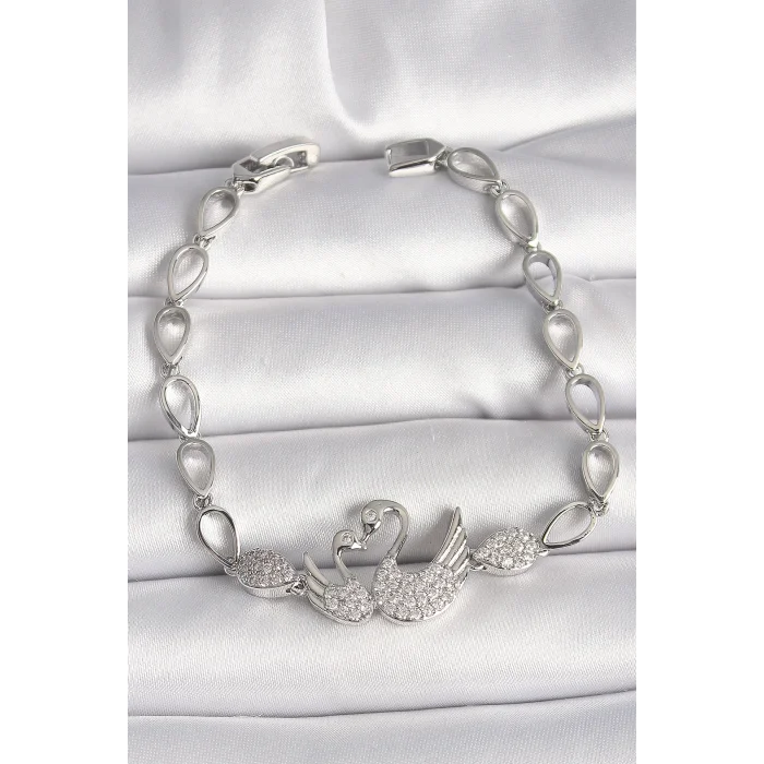 BUĞZ Pirinç Gümüş Renk Zirkon Taşlı Kuğu Figür Damla Zincir Model Kadın Bileklik