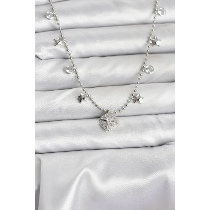 BUĞZ Pirinç Gümüş Renk Zirkon Taşlı Kutup Yıldızı Model Kadın Kolye