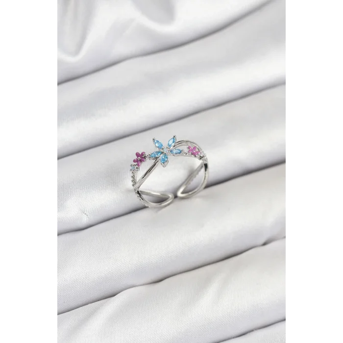 BUĞZ Pirinç Gümüş Renk Zirkon Taşlı Mavi Çiçekli Kadın Yüzük