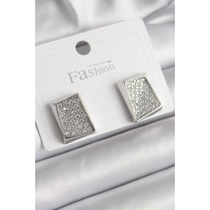 BUĞZ Pirinç Gümüş Renk Zirkon Taşlı Plaka Model Kadın Küpe