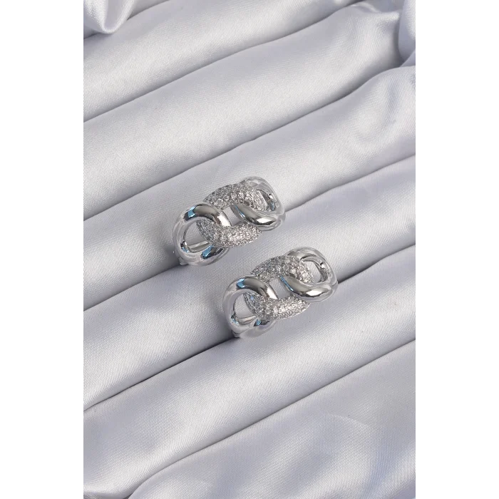 BUĞZ Pirinç Gümüş Renk Zirkon Taşlı Samanyolu Küpe - Lisinya