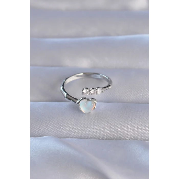 BUĞZ Pirinç Gümüş Renk Zirkon Taşlı Sedefli Kalp Model Ayarlanabilir Yüzük - Lisinya