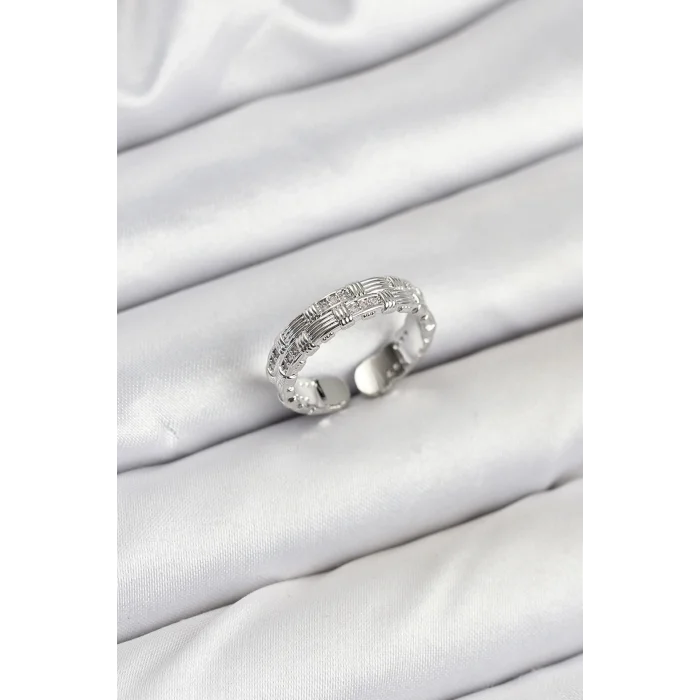 BUĞZ Pirinç Gümüş Renk Zirkon Taşlı Sırım Kadın Yüzük