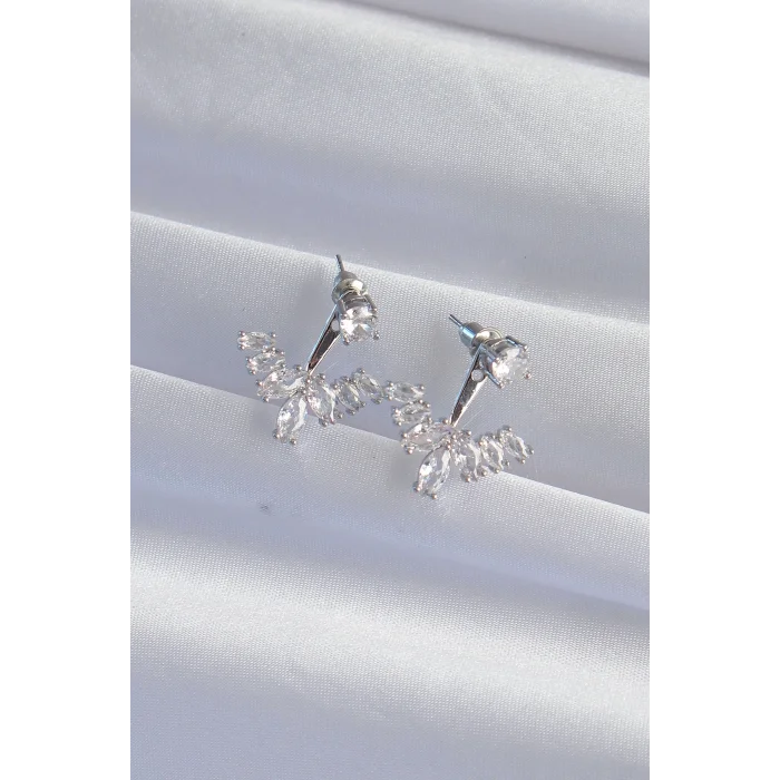 BUĞZ Pirinç Gümüş Renk Zirkon Taşlı V Model Küpe - Lisinya