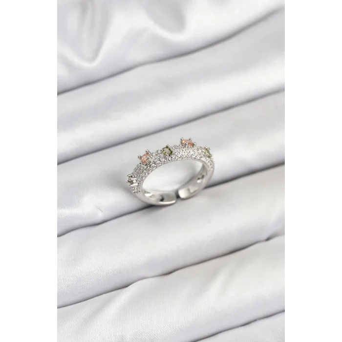 BUĞZ Pirinç Gümüş Renk Zirkon Taşlı Vintage Kadın Yüzük