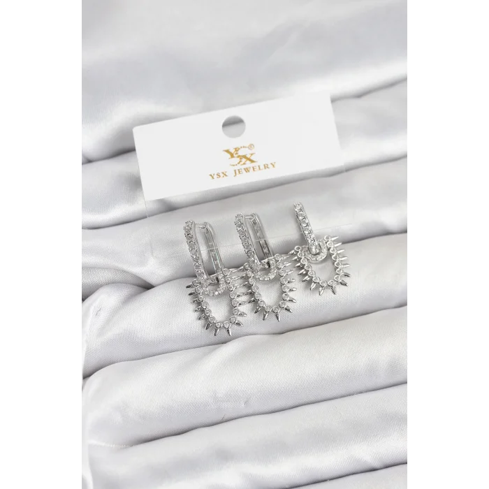 BUĞZ Pirinç Gümüş Renk Zirkon Taşlı Vintage Model YSX Trio Küpe Seti