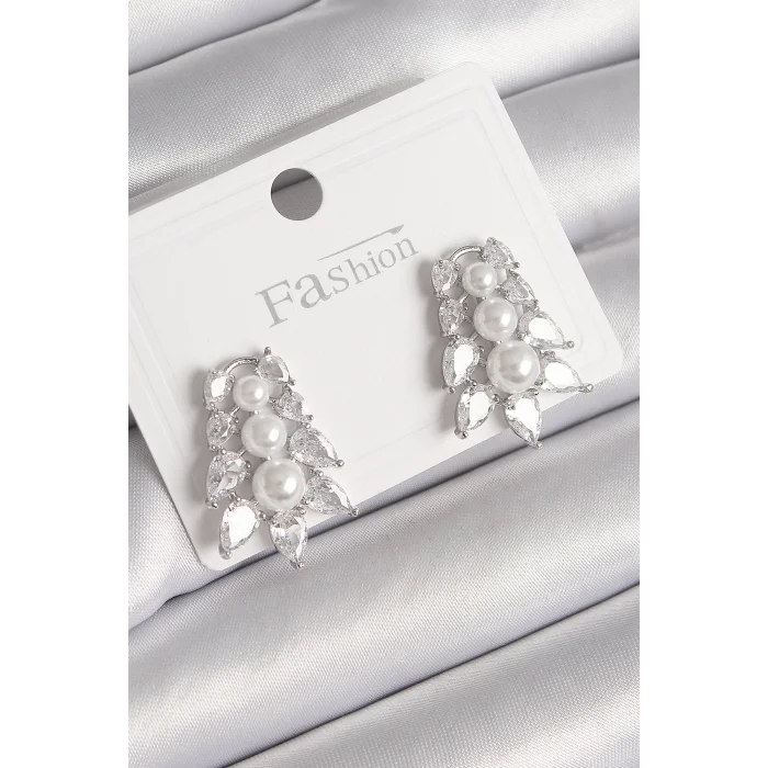 BUĞZ Pirinç Gümüş Renk Zirkon Taşlı Yaprak Model İnci Detay Kadın Küpe