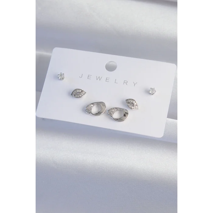 BUĞZ Pirinç Gümüş Renk Zirkon Taşlı Yaprak Model Küpe Seti - Lisinya