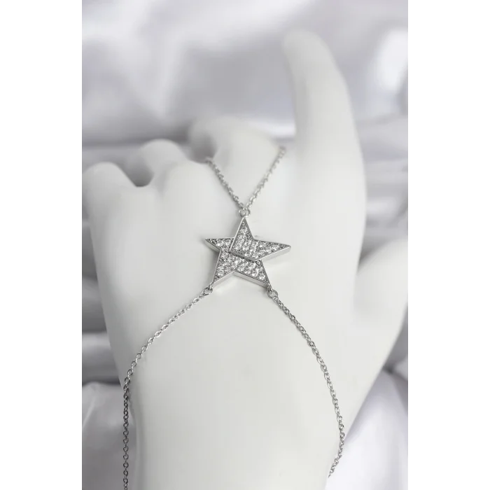 BUĞZ Pirinç Gümüş Renk Zirkon Taşlı Yıldız Model Kadın Şahmeran
