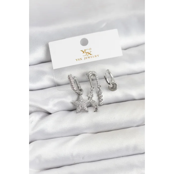 BUĞZ Pirinç Gümüş Renk Zirkon Taşlı Yıldız Vintage Model YSX Trio Küpe Seti