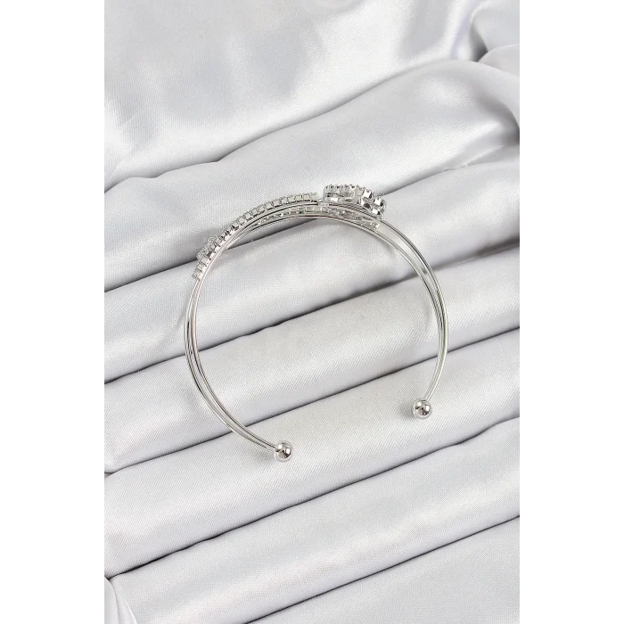 BUĞZ Pirinç Gümüş Renk Zirkon Taşlı Yonca Model 2li Kadın Bileklik - Lisinya