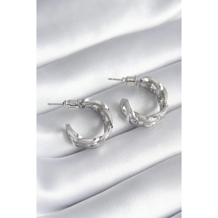 BUĞZ Pirinç Gümüş Renk Zirkon Taşlı Zincir Model Kadın Küpe - Lisinya