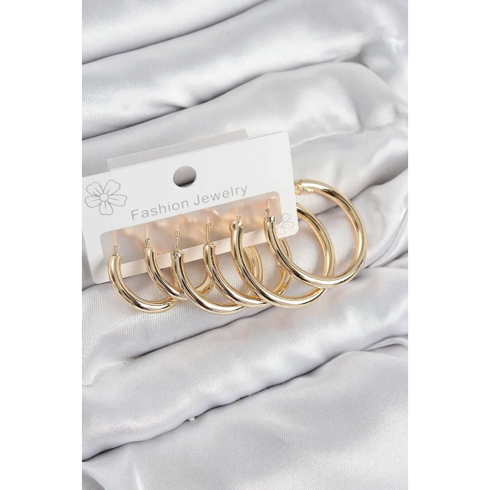 BUĞZ Pirinç Halka Model Gold Renk Kadın Set Küpe