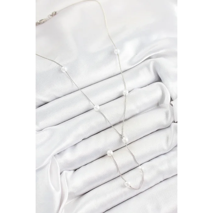 BUĞZ Pirinç İnci Figürlü Y Model Gümüş Renk Kadın Kolye